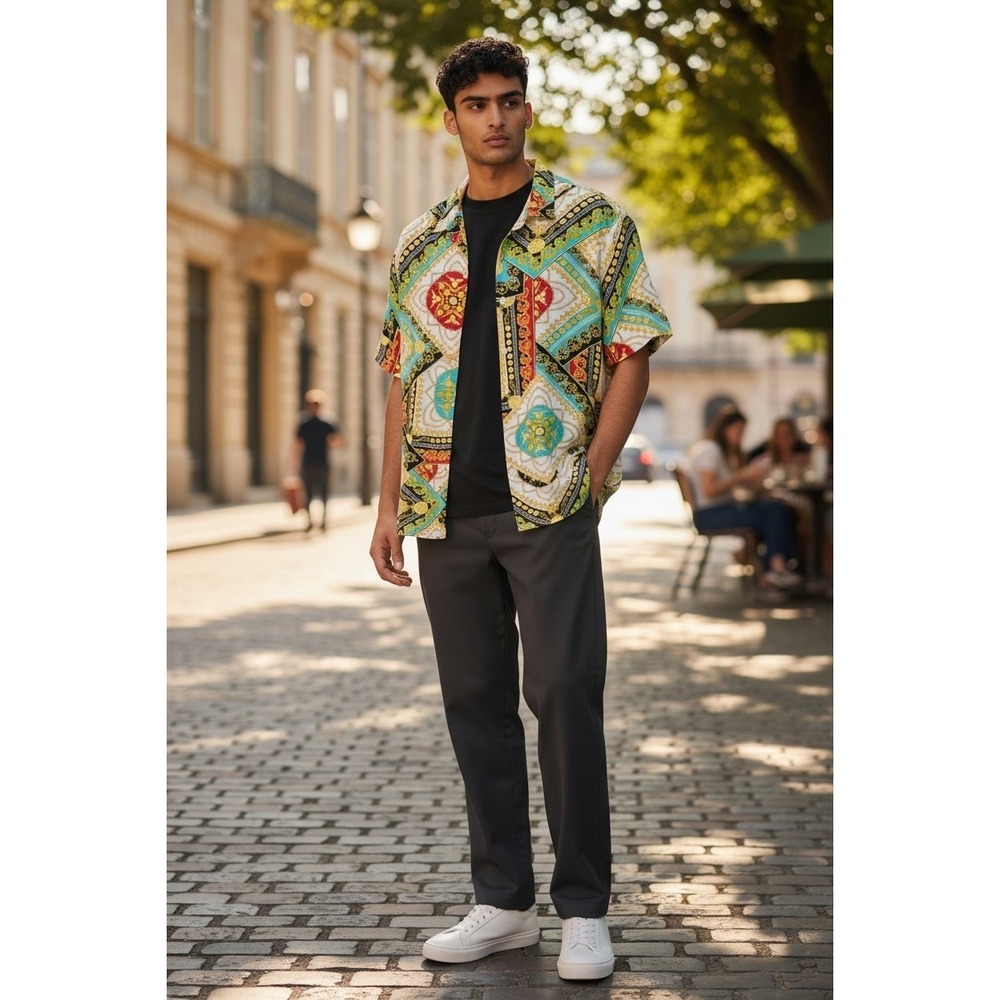 Denim & Flower Ricky Singh Mens Baroque Chain Print Viscose Button Up Shirt M - Picture 1 of 5